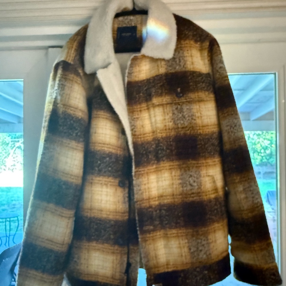 Lucky Brand Yellow and Brown Plaid Jacket with White Collar Size XL